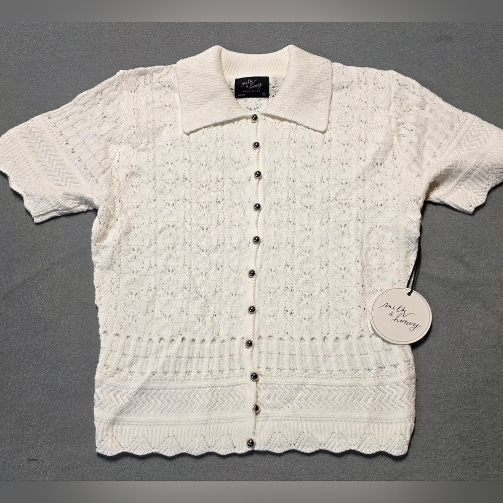 NWT Milk & Honey Crotchet Cable Elegant Cream Women's Cardigan Size Large 21 - Picture 2 of 5